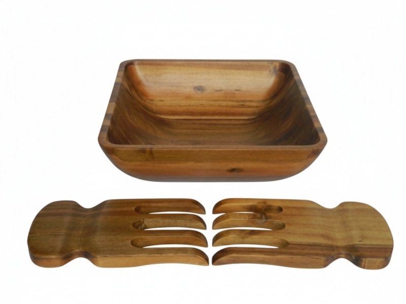 Premium Acacia Wood Square Bowl and Servers Set